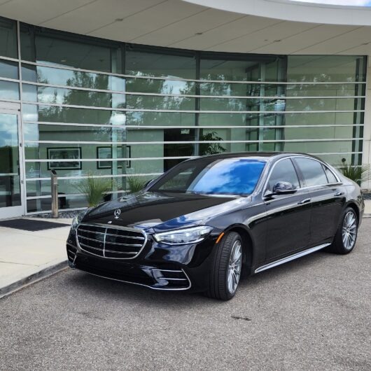 Sleek black Mercedes-Benz S-Class parked outside a modern glass building, showcasing its luxury design and elegance.